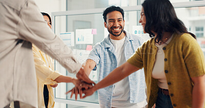 Buy stock photo People, team and stack hands at startup for goals, excited and celebration with success at creative agency. Men, women and group with support, achievement or motivation with stats at office meeting