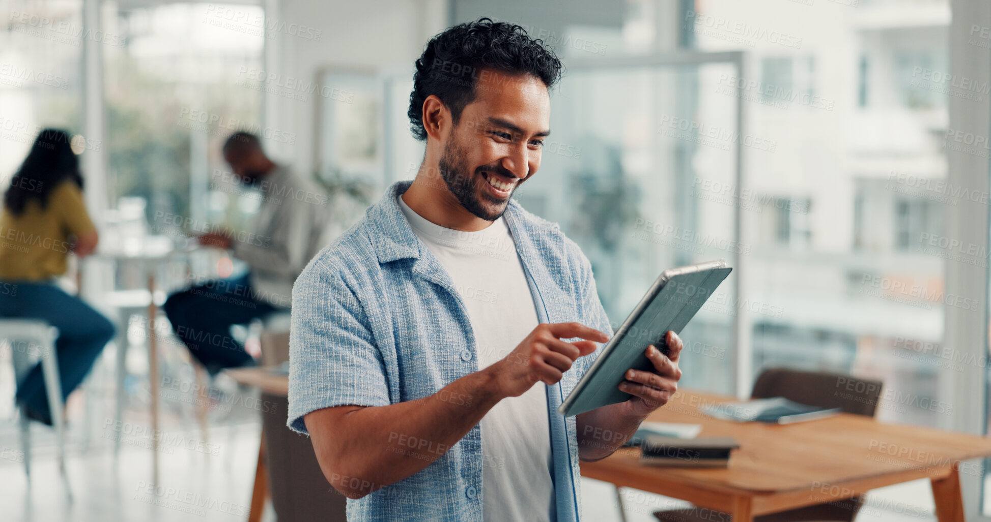 Buy stock photo Business, tablet and man in office, internet and sales agency with connection, app and network. Person, employee and consultant with smile, research for marketing and subscription for company website