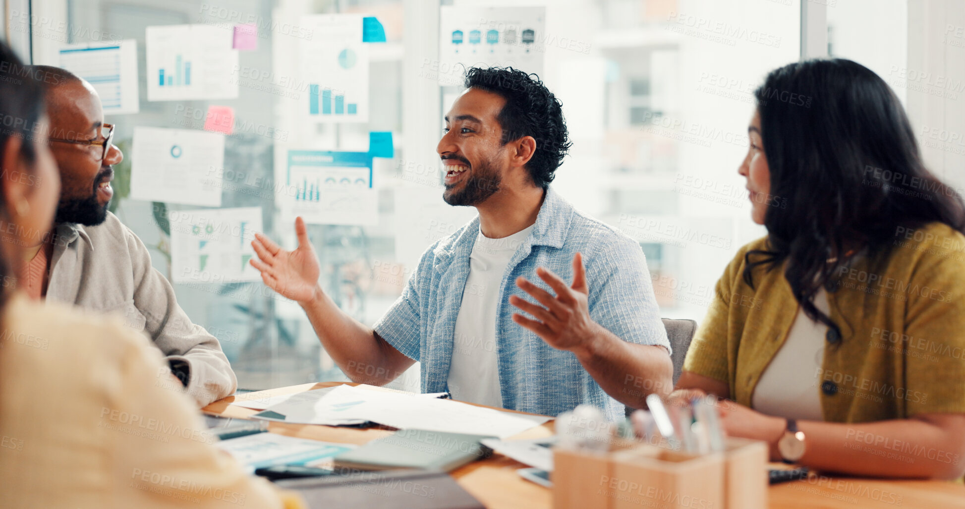 Buy stock photo Business, people or happy with meeting in office for campaign success, positive feedback or update. Graphs, team and excited manager in digital marketing for KPI stats, brand performance or good news