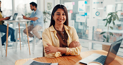 Buy stock photo Woman, arms crossed and smile at startup, portrait and pride for career with laptop at media company. Person, happy and computer for project management, stats and web traffic at digital agency