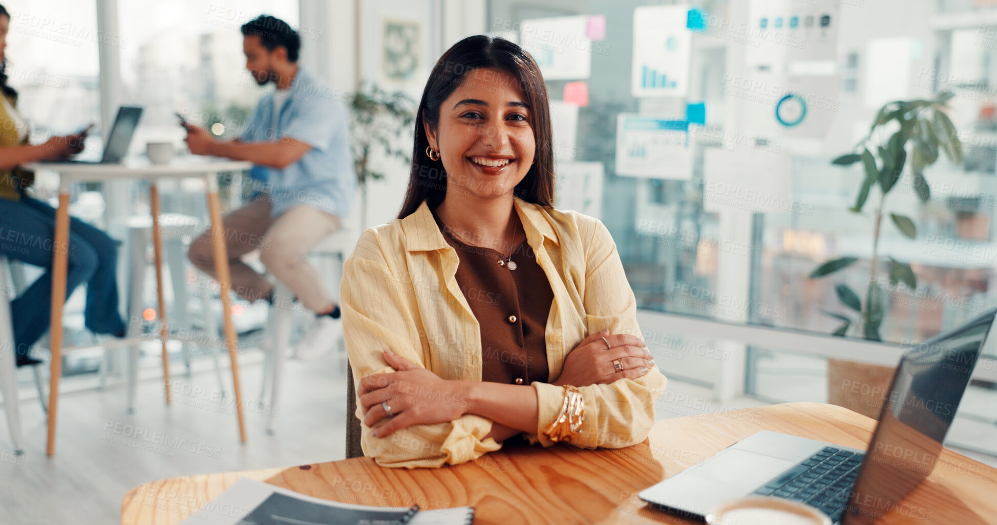 Buy stock photo Woman, arms crossed and smile at startup, portrait and pride for career with laptop at media company. Person, happy and computer for project management, stats and web traffic at digital agency