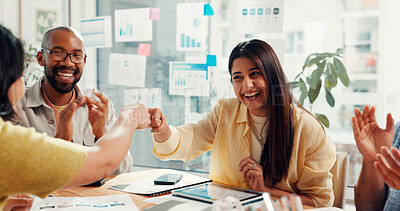 Buy stock photo Woman, fist bump and team with applause at startup, motivation or goal in office at digital agency. Business people, celebration and success with charts, web traffic or statistics at company meeting