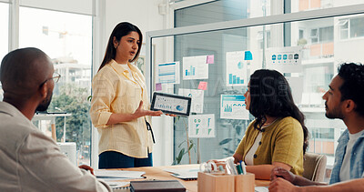 Buy stock photo Planning, meeting and woman with team on tablet for graph, kpi research and data analysis. Presentation, digital agency and workers on tech with charts, documents and statistics for website review