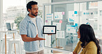 Planning, meeting and man with team on tablet for graph, kpi research or data analysis. Presentation, digital agency and workers on tech with charts, documents or statistics for seo report on website