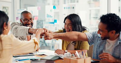 Buy stock photo Team, fist bump and celebration with success at digital agency, motivation and goals at office meeting. Business people, smile and excited with charts, web traffic or statistics at startup company