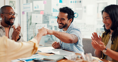 Buy stock photo Man, fist bump and celebration with applause at digital agency, motivation or team goal at office meeting. Business people, smile and success with charts, web traffic or statistics at startup company