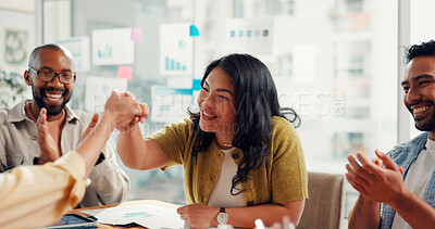 Buy stock photo Woman, fist bump and team with applause at meeting, motivation or goal in office at digital agency. Business people, celebration and success with charts, web traffic or statistics at startup company