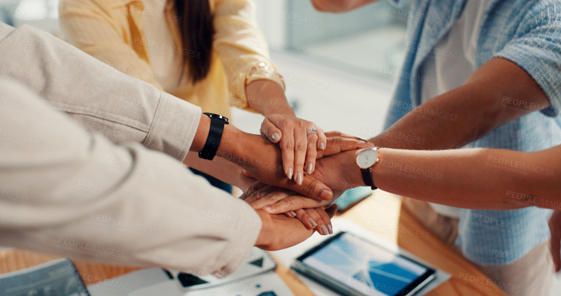 Buy stock photo Business people, hands together and meeting with team for unity, trust or solidarity in office. Group, employees or merge with synergy, pile or stack for mission, union or agreement in workplace