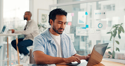 Buy stock photo Business, laptop and man in office, internet and sales agency with connection. Person, employee and consultant in workplace, pc and research for marketing design and subscription for company website