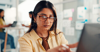 Buy stock photo Business, laptop and woman in office, glasses and sales agency with connection. Reflection, eyewear and person in workplace, computer and email notification with report for profit growth and internet