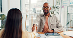 Handshake, agreement and business people in office with greeting, deal or partnership in meeting. Happy, contract and hr manager shaking hands with employee for performance review in workplace. 