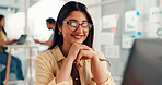 Woman, computer and happy at startup, feedback and project management with job at digital agency. Person, smile and pc for review, insight and glasses for results with web traffic increase at office