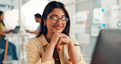 Buy stock photo Woman, computer and happy at startup, feedback and project management with job at digital agency. Person, smile and pc for review, insight and glasses for results with web traffic increase at office