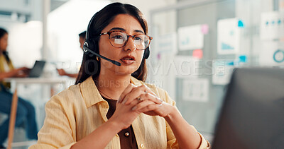 Buy stock photo Telemarketing, laptop and woman with headset, call center and communication with contact and online. Customer service, glasses and person with mic for discussion, lead generation and reflection