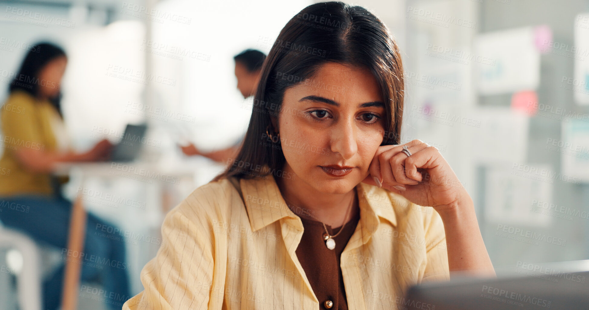 Buy stock photo Woman, computer and review at startup in office, project management or decision at media company. Person, pc and serious with insight, perspective or problem solving with solution for job at agency