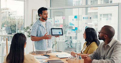 Buy stock photo Tablet, paperwork and man with business people with charts, kpi research and data analysis. Presentation, startup team and workers with tech, statistics and website review for digital marketing