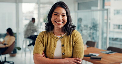 Buy stock photo Office, creative and portrait of business woman with confidence, pride and laugh for editor career. Media agency, happy and person with crossed arms for copywriting, news reporter job and publishing