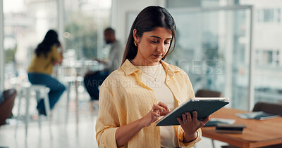 Buy stock photo Business, tablet and woman in office, internet and sales agency with social media. Person, employee and consultant in workplace, technology and research for marketing design, app and company website