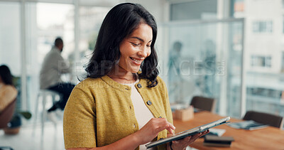 Buy stock photo Business, tablet and woman in office, funny and sales agency with connection. Happy person, online humor and consultant in workplace, tech and research for marketing design, laughing and subscription