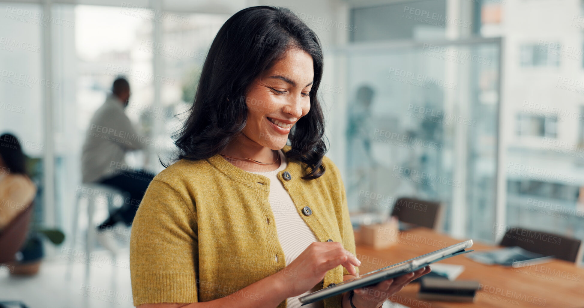 Buy stock photo Business, tablet and woman in office, funny and sales agency with connection. Happy person, online humor and consultant in workplace, tech and research for marketing design, laughing and subscription