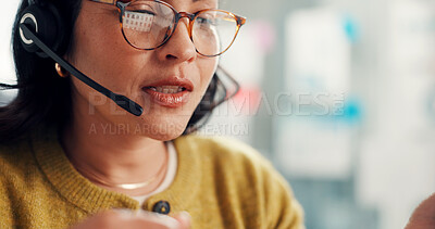 Buy stock photo Telemarketing, consultant and woman with headset, call center and discussion with contact and offer. Customer service, glasses and person with mic for communication, lead generation and reflection