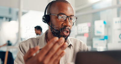 Buy stock photo Telemarketing, laptop and man with headset, call center and discussion with contact, offer or online. Customer service, glasses and person with mic for communication, lead generation and reflection