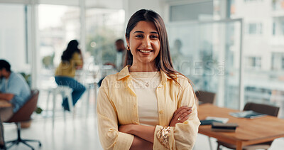 Buy stock photo Office, happy and portrait of business woman with confidence, pride and laugh for editor career. Media agency, creative and person with crossed arms for copywriting, news reporter job and publishing