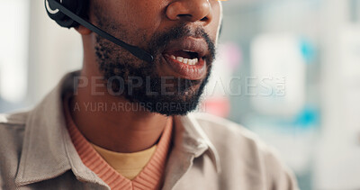 Buy stock photo Telemarketing, mouth and consultant with mic, call center and explaining offer to contact or talking. Customer service, agent and person with technology for communication, lead generation and sales