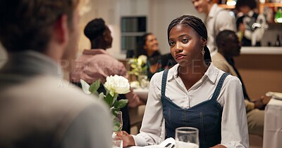 Buy stock photo Upset, date and woman in restaurant with talking for affair, disagreement or toxic relationship. Conversation, mad female person with discussion at dinner with argument for cheating at diner.