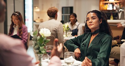 Buy stock photo Argument, date and woman in restaurant with talking for divorce, cheating or toxic relationship. Breakup, couple fighting and female person with angry discussion, dinner and wine at night together.