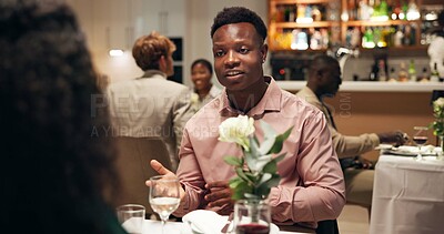 Buy stock photo Couple, date and conversation in restaurant with wine for romance, anniversary celebration and love. Hospitality, talk and fine dining with man, woman and smile with diner discussion and bonding