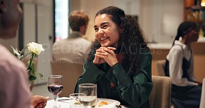Buy stock photo Conversation, happy and woman on date in restaurant with talking for bonding, connection or relationship. Romance, couple and female person with discussion at dinner with wine for dining together.