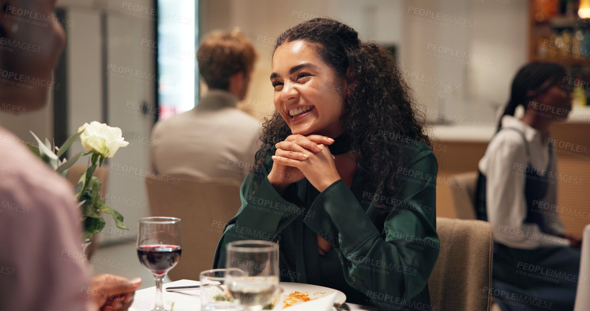 Buy stock photo Conversation, happy and woman on date in restaurant with talking for bonding, connection or relationship. Romance, couple and female person with discussion at dinner with wine for dining together.