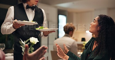 Buy stock photo Anger, food and unhappy woman in restaurant for hospitality or service disappointment. Complain, frustration and mistake of waiter with annoyed customer in fine dining establishment for order error