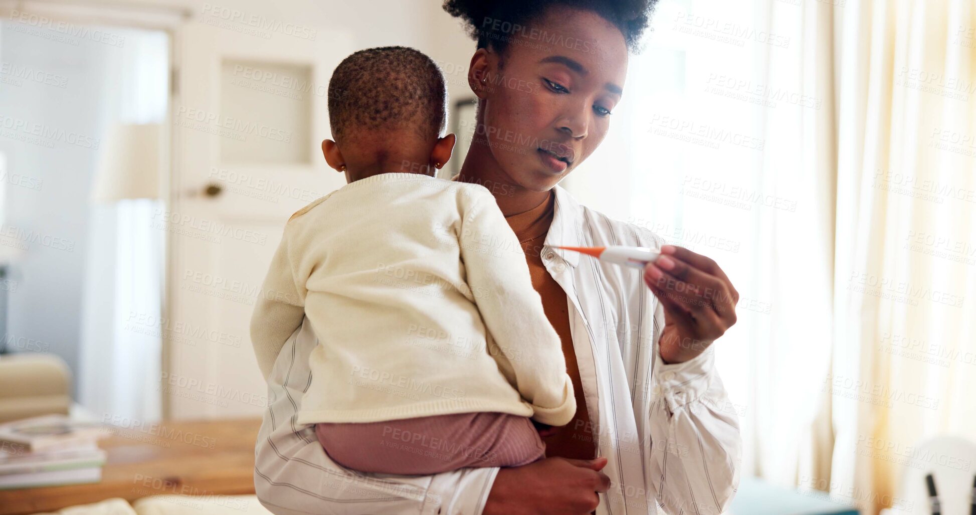 Buy stock photo Black mom, child and fever with thermometer in home for flu symptoms, illness or disease. Mother, kid or sick toddler with concern, worry or checking temperature for allergy, virus or healthcare