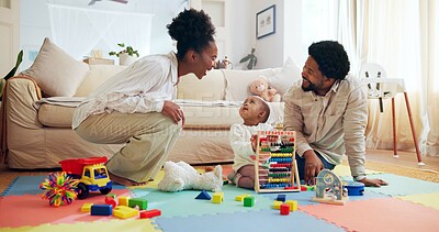 Buy stock photo Abacus, growth and playing with black family on floor in living room of home together. Child, cognitive development or toys with baby, mother and father in apartment for future, learning or support