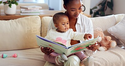 Buy stock photo Black mom, child and reading with dinosaur book in home for story or childhood development. Mother, kid or toddler with novel, youth or literature for learning, bonding or fantasy together in house