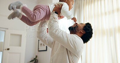 Buy stock photo Smile, father and playful with black child in home for bonding, support and game together. Happiness, connection and airplane fantasy with man and daughter in family house for care, trust and love
