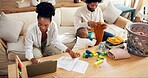 Laptop, laundry basket and playing with black family in living room of home for daily routine. Chores, remote work or toys with baby, mother and father in apartment for child development or cleaning