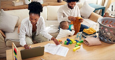 Buy stock photo Laptop, laundry basket and playing with black family in living room of home for daily routine. Chores, remote work or toys with baby, mother and father in apartment for child development or cleaning