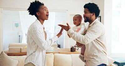 Buy stock photo Black couple, argument and child with fight in home for disagreement, conflict or dispute. Frustrated, mom and dad with toddler in toxic relationship for breakup, divorce or confrontation in house
