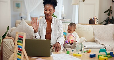 Buy stock photo Video call, toddler or mother wave with laptop for remote work, online teaching or virtual classroom. Communication, lesson plan or woman with girl for multitasking, digital education or pc in lounge