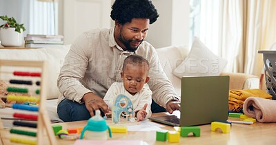 Buy stock photo Reading, toddler or father with laptop for remote work, check online transaction or account management. Bookkeeping, childcare or man with girl for digital audit, review bank statement or multitask