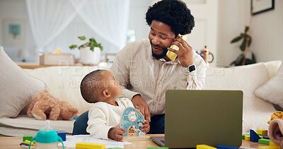 Buy stock photo Phone call, remote work and father with baby in home, talking and childcare. Freelancer, child and dad speaking with mobile in house for multitask, communication and planning with African family