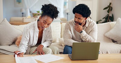 Buy stock photo Finance, documents and laptop with black couple on sofa in living room of home for budget review. Computer, financial planning and thinking with African people in apartment for investment or wealth