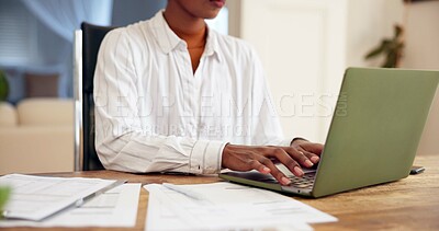 Buy stock photo Person, hands and typing with laptop, documents or finance in home for budget planning or expenses. Freelancer, remote work or audit with computer, paperwork or bills for financial report in house