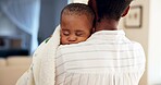 Home, hug and black mother with baby, care and bonding together with love, support and comfort. African family, mama and infant with embrace, sleeping and childhood with safety, nap and quality time
