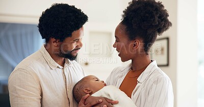 Buy stock photo Happy family, parents and holding child in home with connection, support or bonding together. People, mother or father with daughter in apartment for comfort, peaceful moment or healthy relationship.