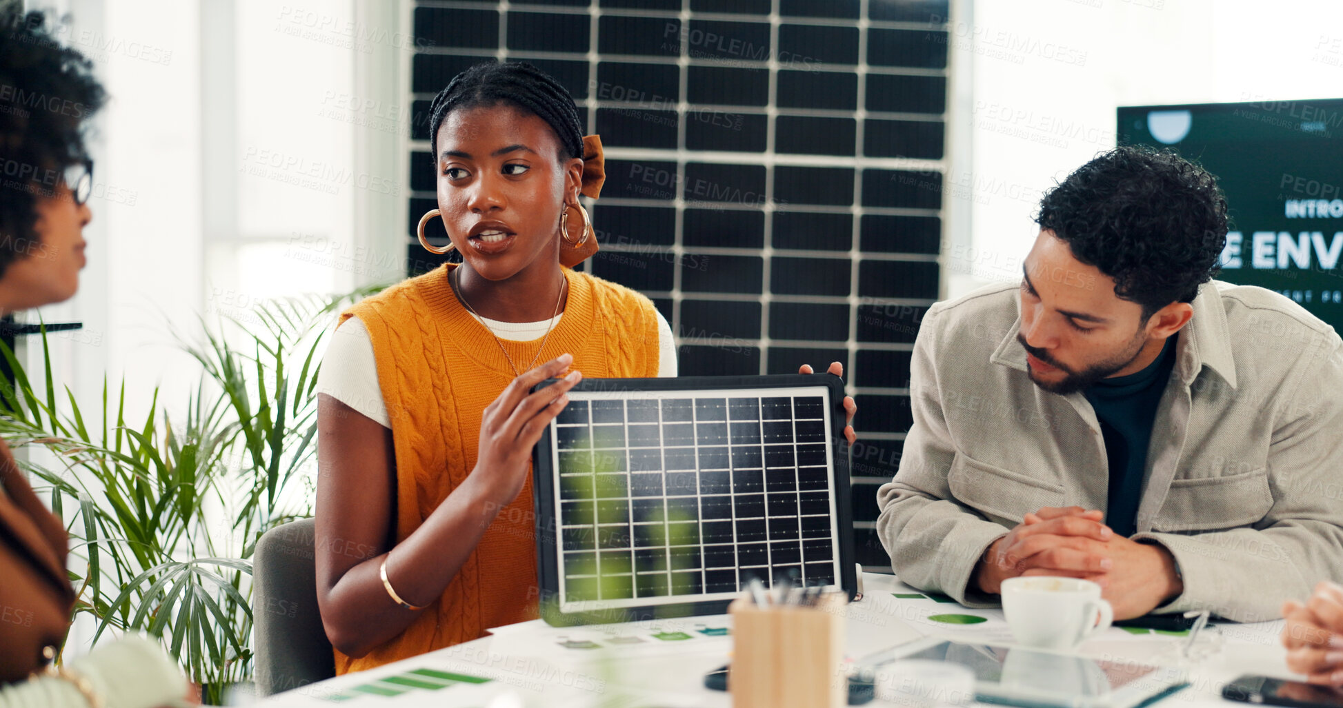 Buy stock photo Presentation, proposal and solar panel with business woman in office for renewable energy initiative. Pitch, prototype and sustainability with employee in workplace for photovoltaic power production