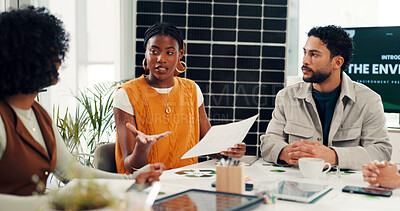 Buy stock photo People, documents or meeting in office for sustainability, clean energy plan or photovoltaic system. Team, paperwork or conversation in workplace with solar panel, eco friendly idea or SDG compliance